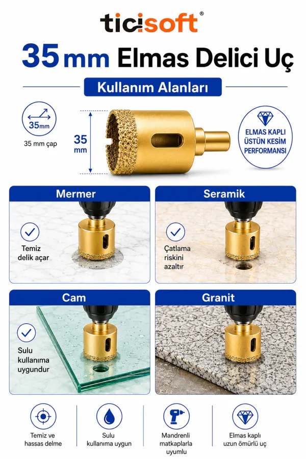 35 mm Elmas Delici Uç Mermer Seramik Cam Granit Panç Matkap Ucu