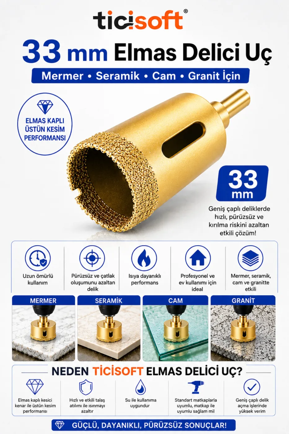 33 mm Elmas Delici Uç Mermer Seramik Cam Granit Panç Matkap Ucu
