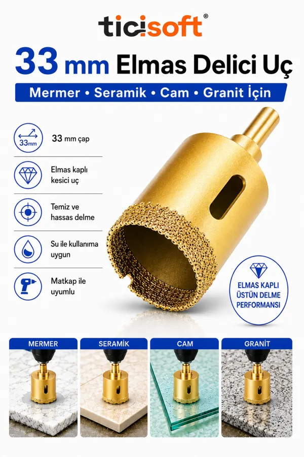 33 mm Elmas Delici Uç Mermer Seramik Cam Granit Panç Matkap Ucu