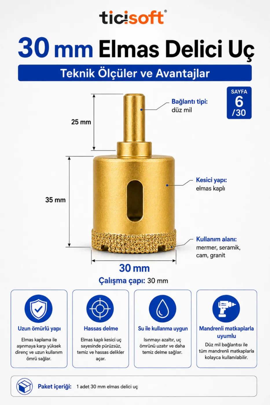 30 mm Elmas Delici Uc Mermer Seramik Cam Granit Panc Matkap Ucu