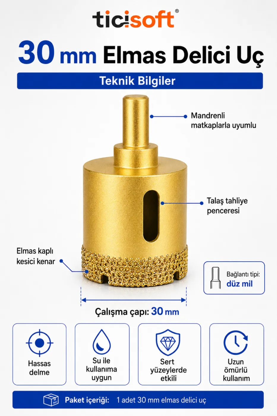 30 mm Elmas Delici Uc Mermer Seramik Cam Granit Panc Matkap Ucu