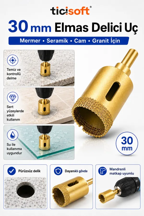 30 mm Elmas Delici Uc Mermer Seramik Cam Granit Panc Matkap Ucu