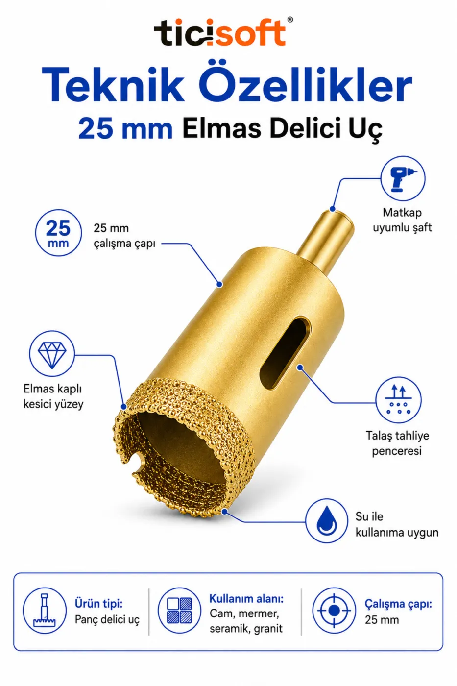 25 mm Elmas Delici Uç Mermer Seramik Cam Granit İçin Panç Matkap Ucu
