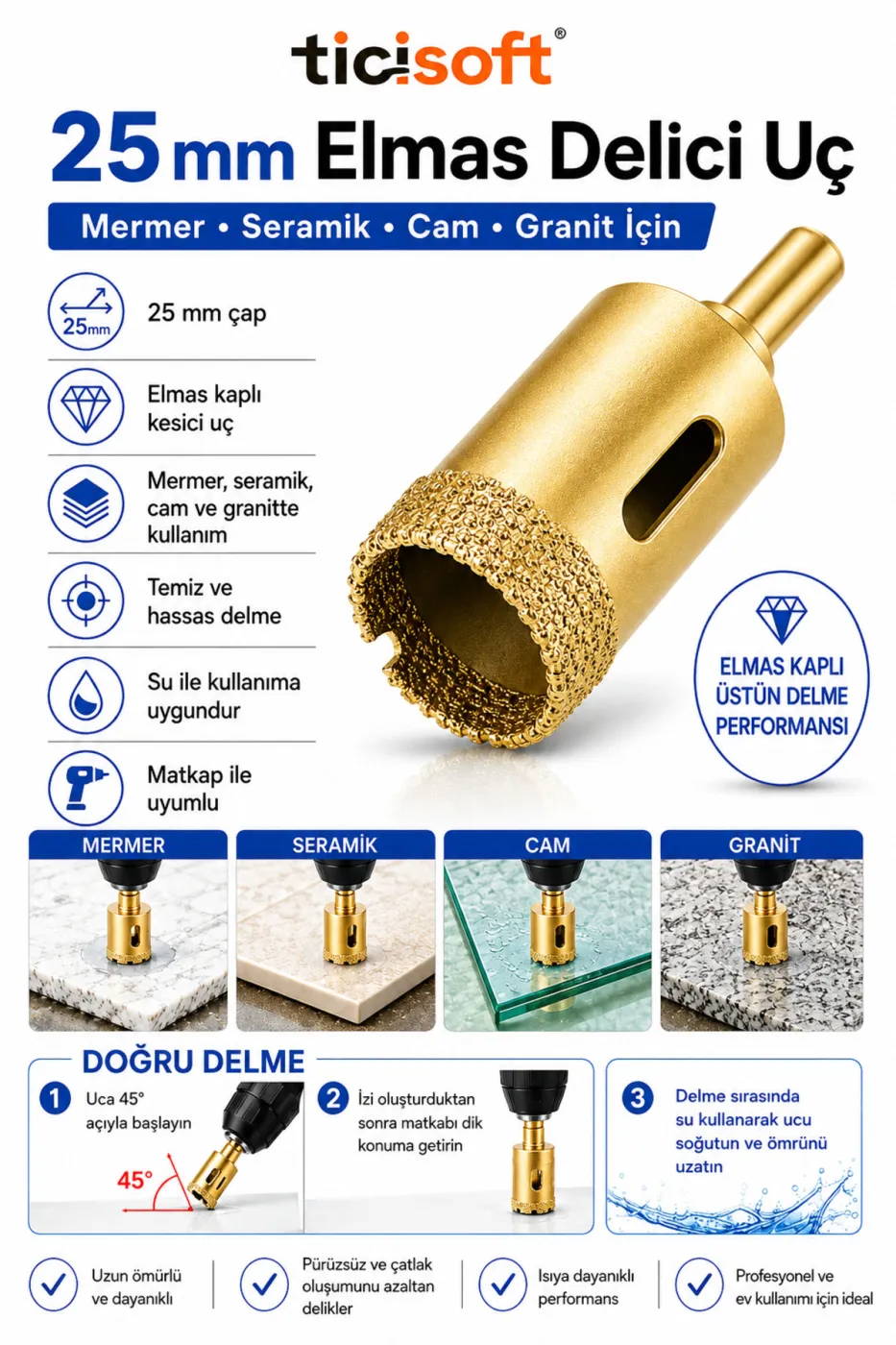 25 mm Elmas Delici Uç Mermer Seramik Cam Granit İçin Panç Matkap Ucu