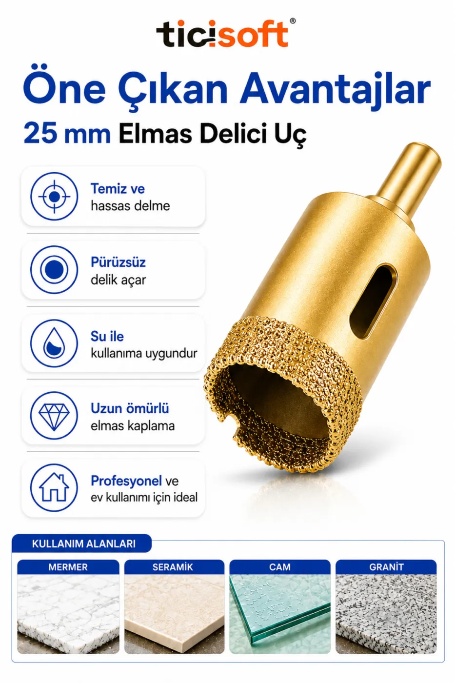 25 mm Elmas Delici Uç Mermer Seramik Cam Granit İçin Panç Matkap Ucu