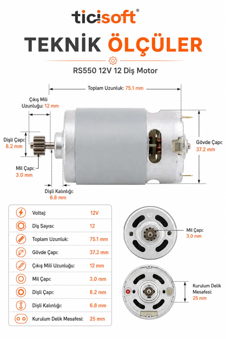 RS550 12V Sarjli Matkap Motoru 12 Dis Pinyonlu DC Akulu Matkap Yedek Motoru 100W
