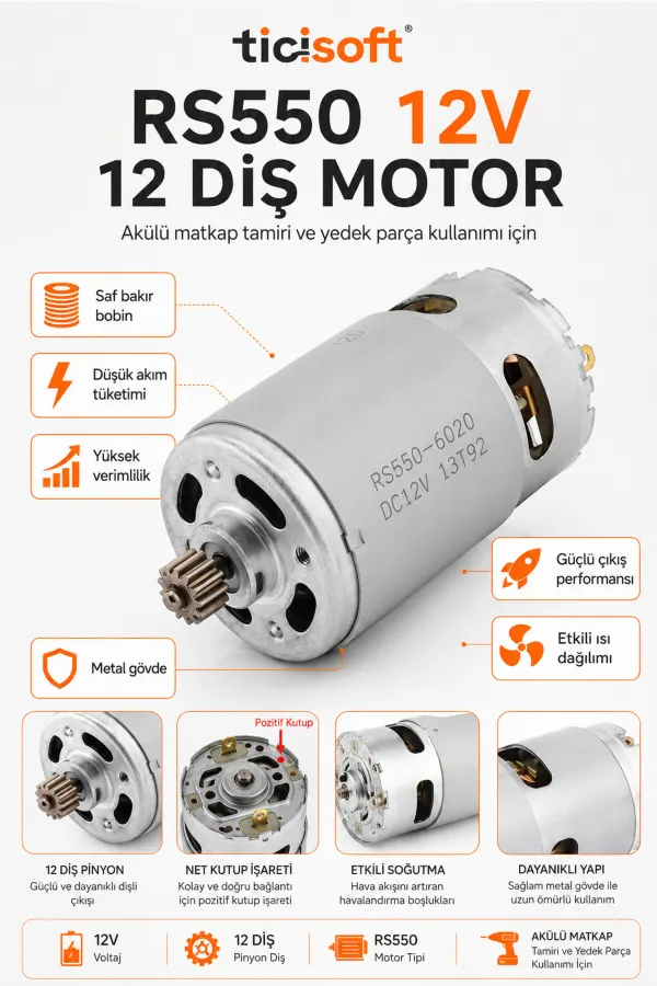 RS550 12V Sarjli Matkap Motoru 12 Dis Pinyonlu DC Akulu Matkap Yedek Motoru 100W