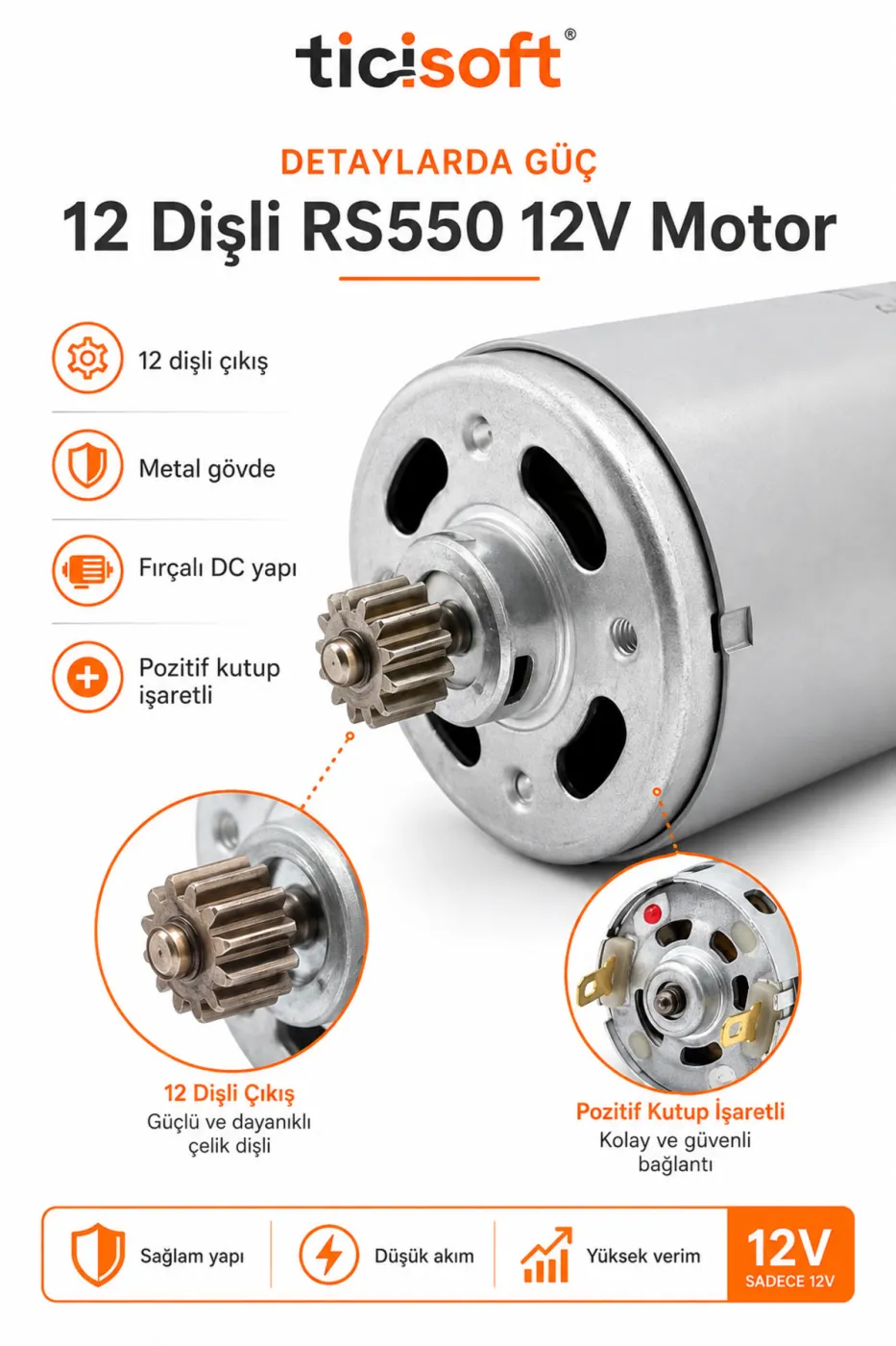 RS550 12V Sarjli Matkap Motoru 12 Dis Pinyonlu DC Akulu Matkap Yedek Motoru 100W