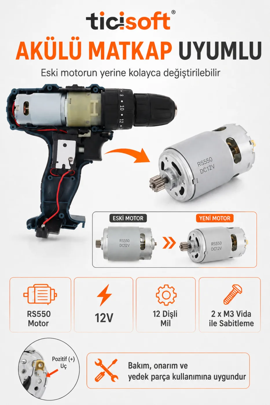 RS550 12V Sarjli Matkap Motoru 12 Dis Pinyonlu DC Akulu Matkap Yedek Motoru 100W