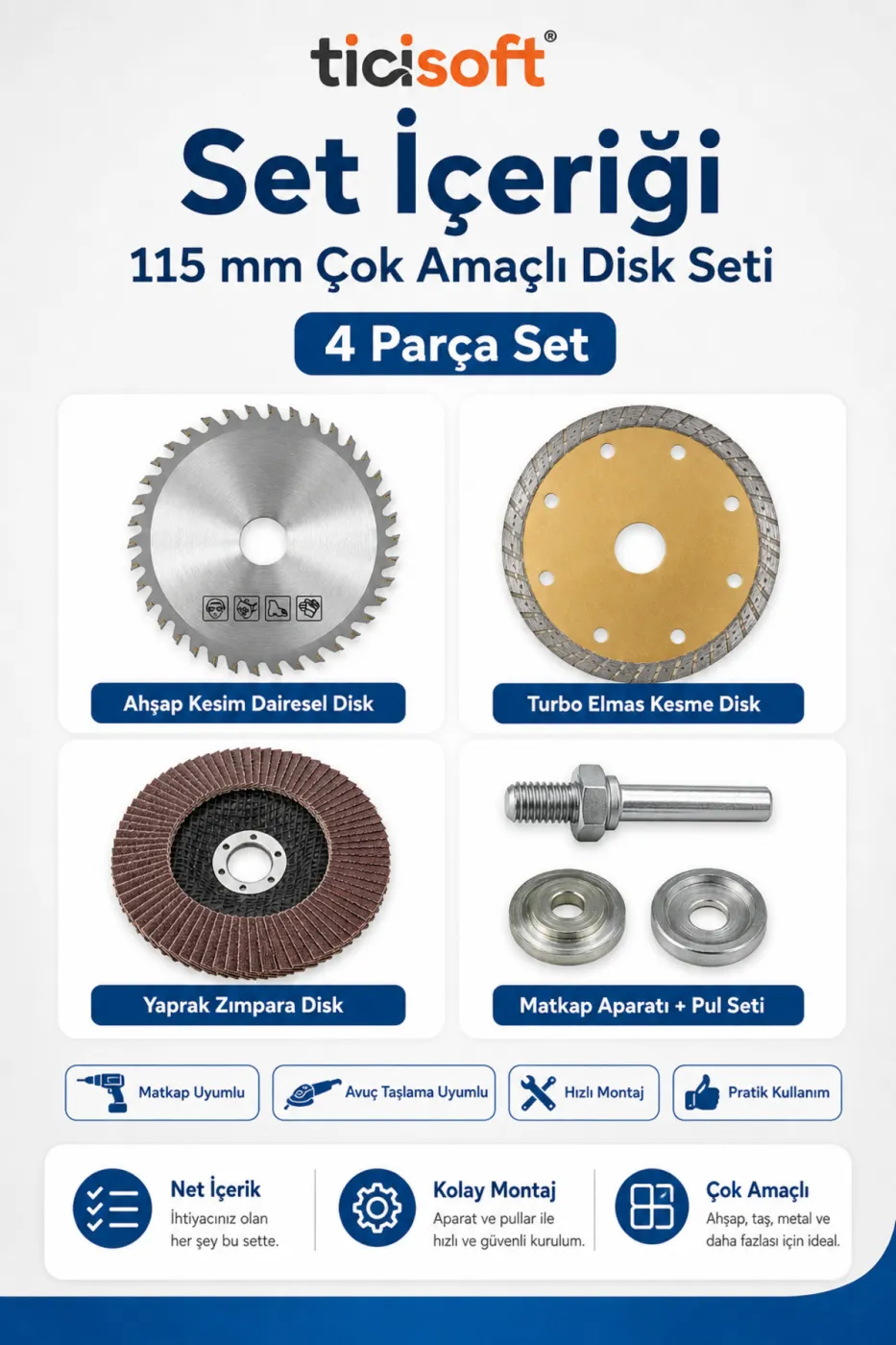 115 mm Çok Amaçlı Disk Seti Matkap Aparatlı 4 Parça Ahşap Mermer Granit Fayans Kesme ve Zımpara Seti