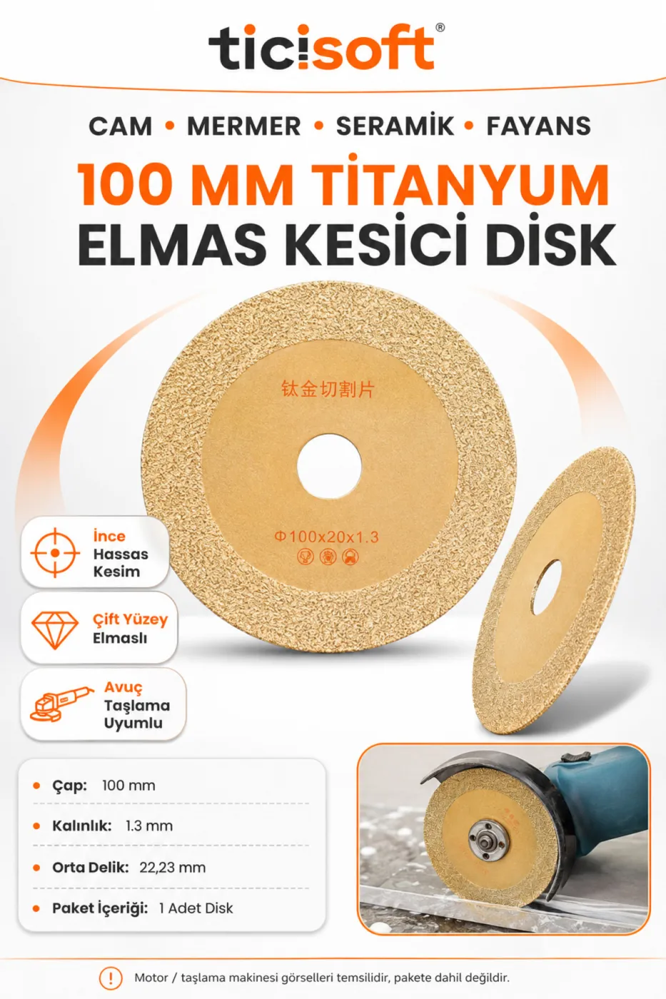 100 mm Titanyum Elmas Kesici Disk Cam Mermer Seramik Fayans Kesme Diski 22.23 mm