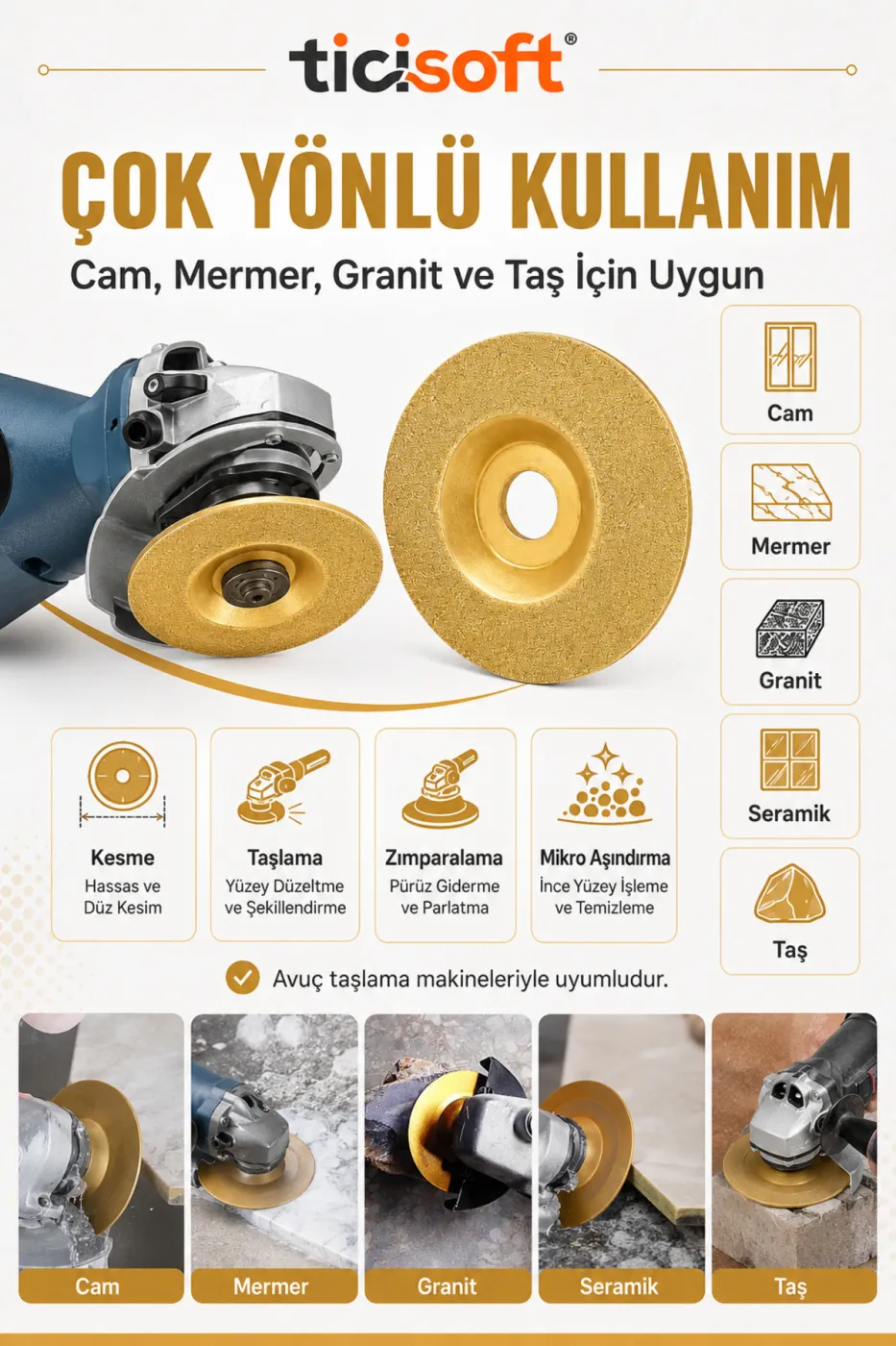 100 mm Elmas Yüzeyli Altın Bileme Taşlama Diski 16 mm Göbek Avuç Taşlama Uyumlu Cam Mermer Granit Seramik 2 Adet