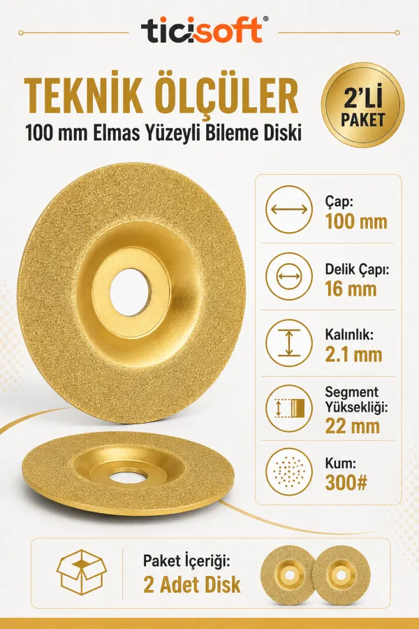 100 mm Elmas Yüzeyli Altın Bileme Taşlama Diski 16 mm Göbek Avuç Taşlama Uyumlu Cam Mermer Granit Seramik 2 Adet