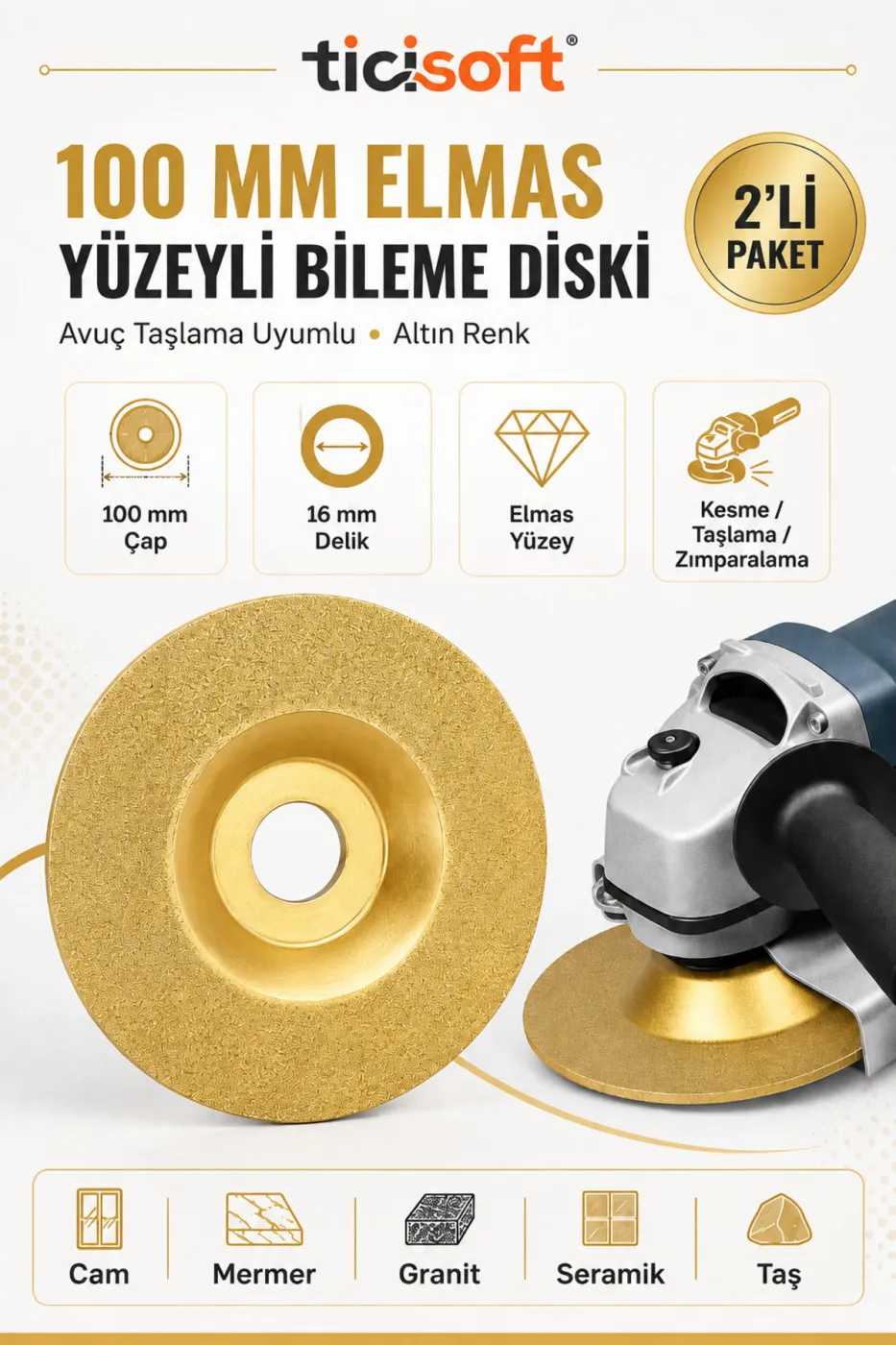 100 mm Elmas Yüzeyli Altın Bileme Taşlama Diski 16 mm Göbek Avuç Taşlama Uyumlu Cam Mermer Granit Seramik 2 Adet