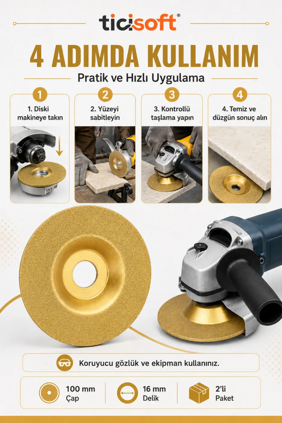 100 mm Elmas Yüzeyli Altın Bileme Taşlama Diski 16 mm Göbek Avuç Taşlama Uyumlu Cam Mermer Granit Seramik 2 Adet