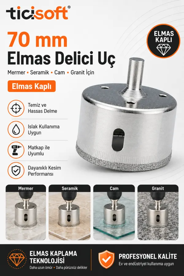 70 mm Elmas Kaplı Panç Delici Uç Cam Seramik Mermer Granit Delme Matkap Ucu