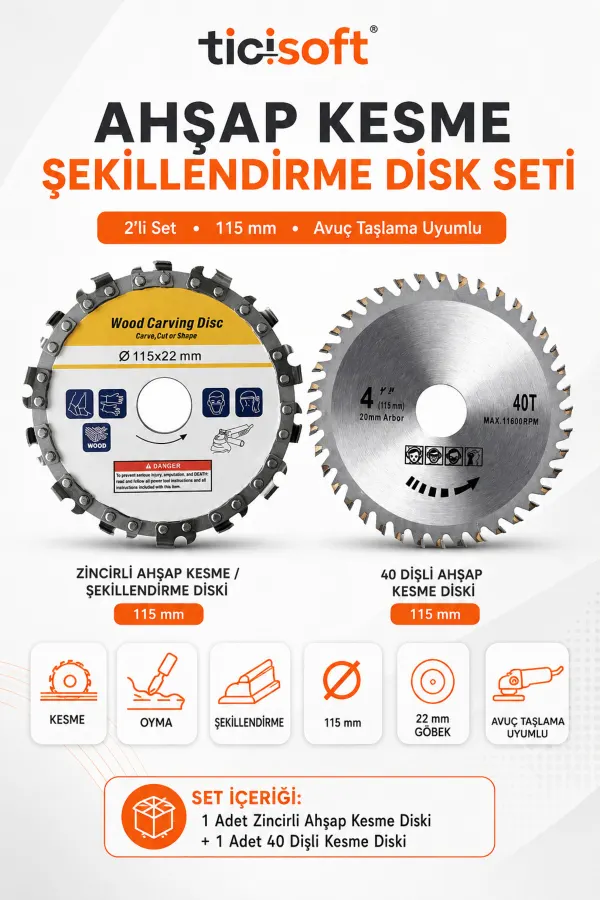 115 mm Ahsap Kesme Sekillendirme Disk Seti Zincirli Oyma Diski ve 40 Dis TCT Testere 2 Parca
