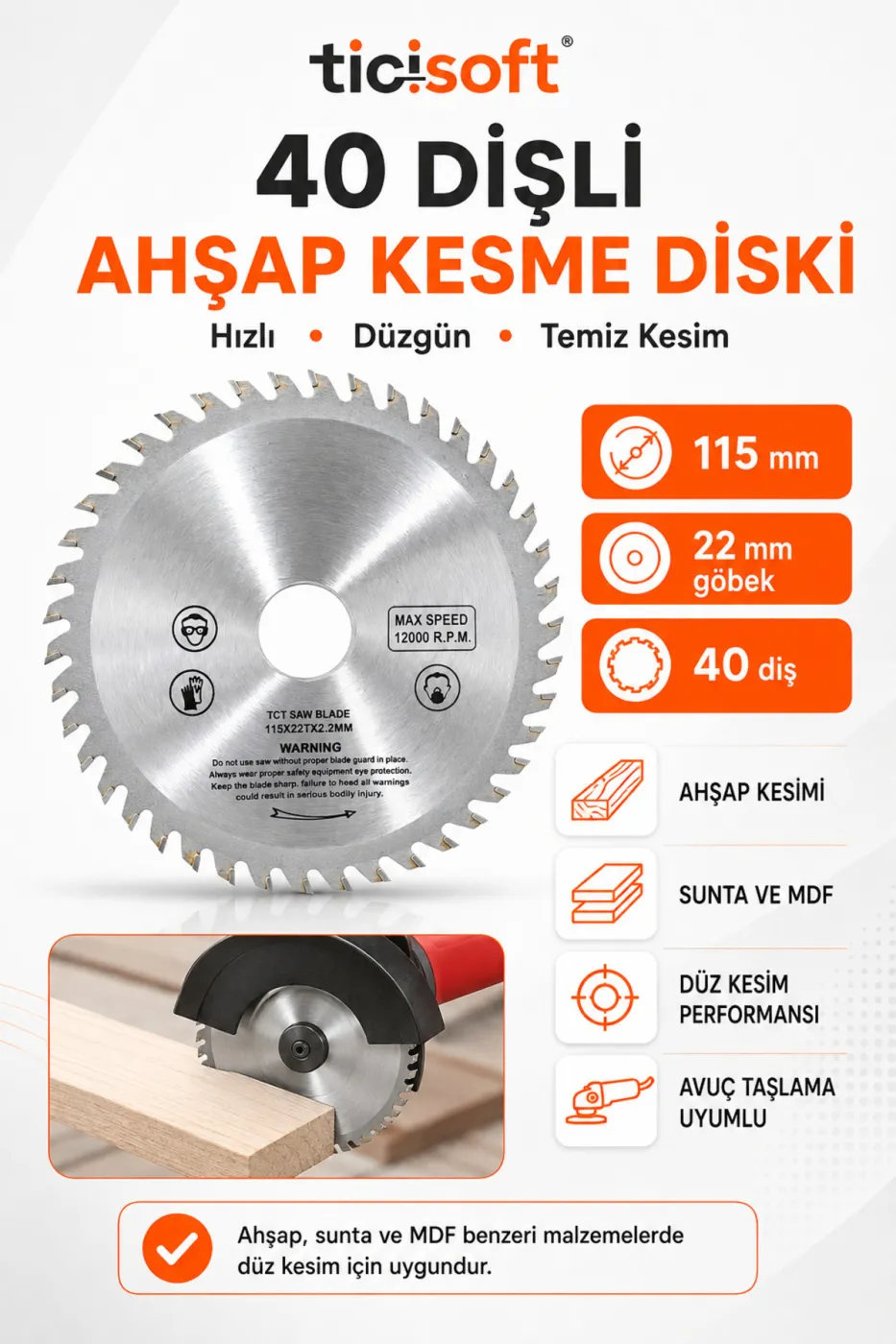 115 mm Ahsap Kesme Sekillendirme Disk Seti Zincirli Oyma Diski ve 40 Dis TCT Testere 2 Parca