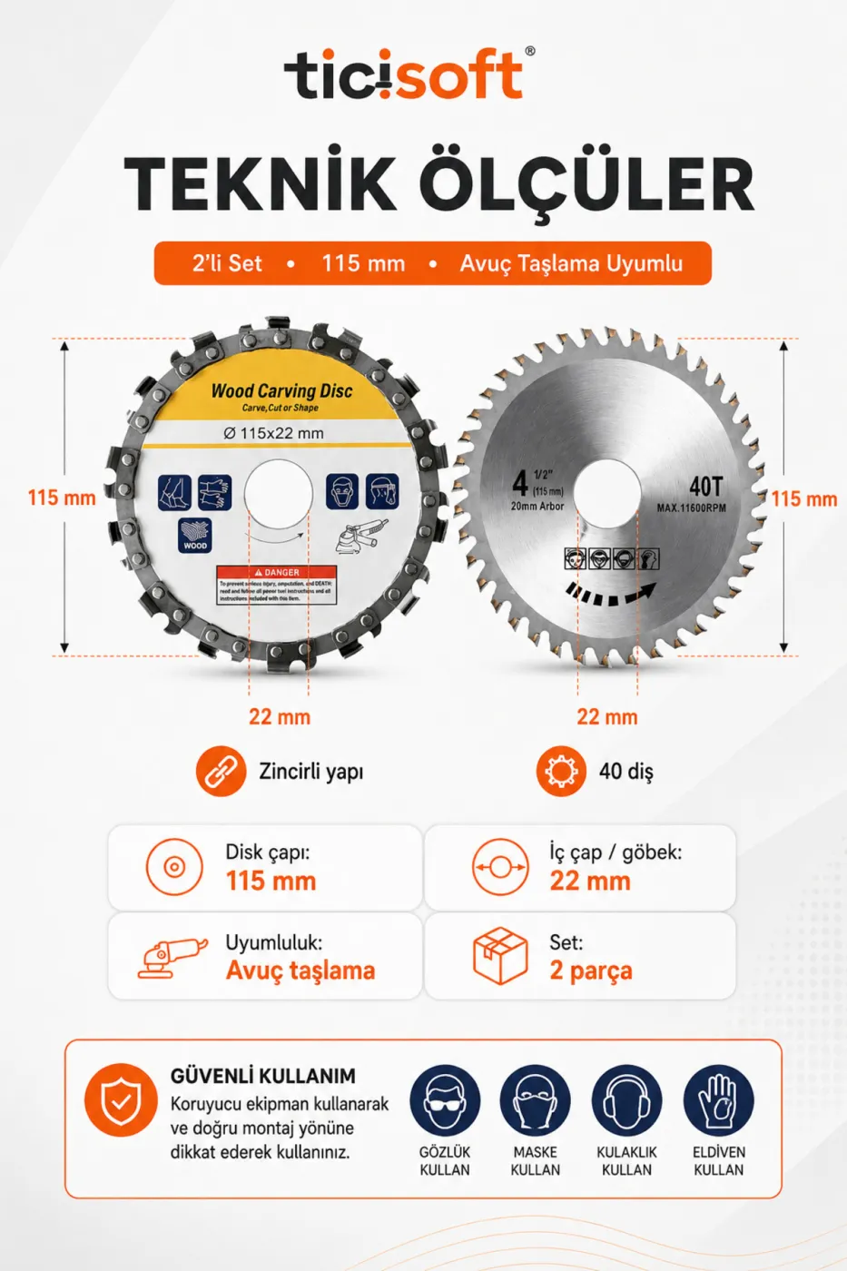 115 mm Ahsap Kesme Sekillendirme Disk Seti Zincirli Oyma Diski ve 40 Dis TCT Testere 2 Parca