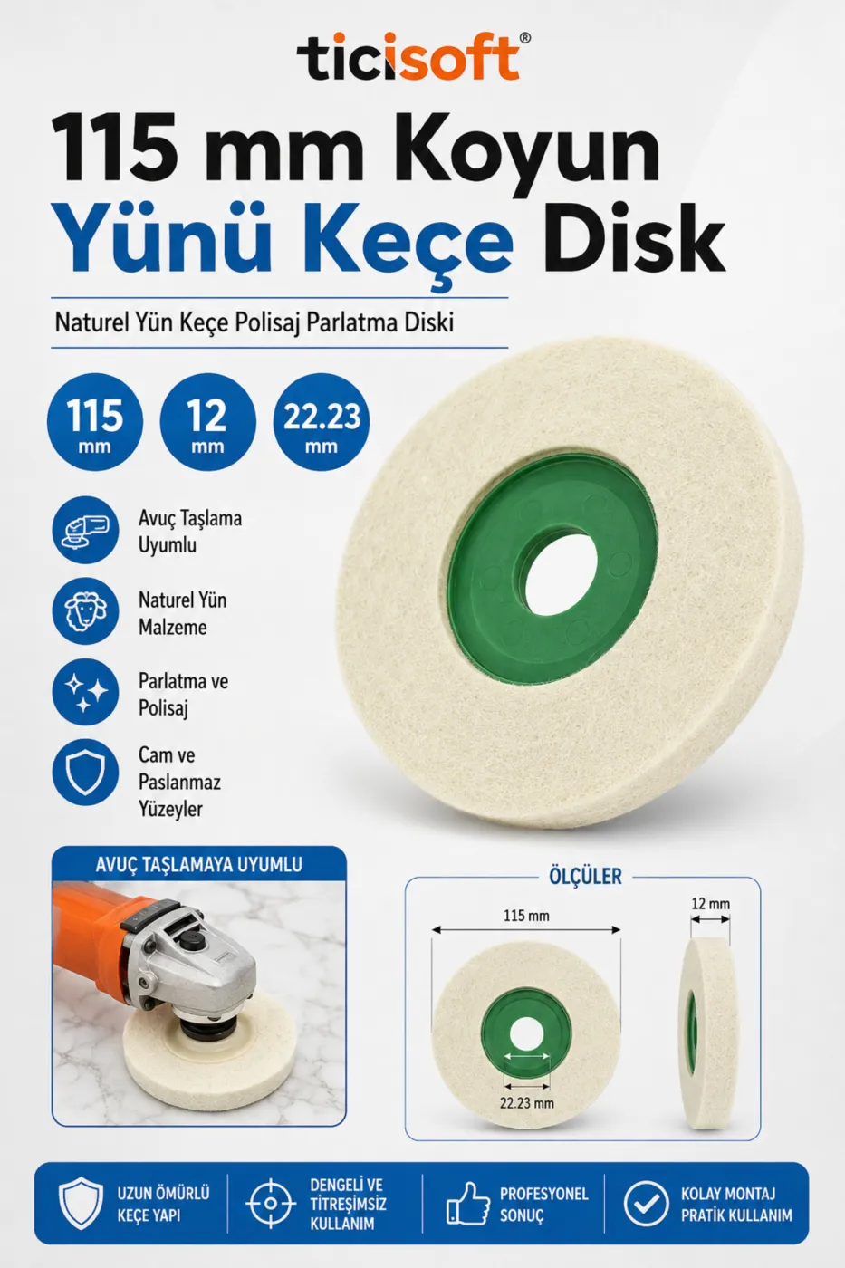 115 mm Koyun Yünü Keçe Disk Avuç Taşlama Uyumlu Naturel Yün Polisaj Parlatma Keçesi 22,3 mm Göbek