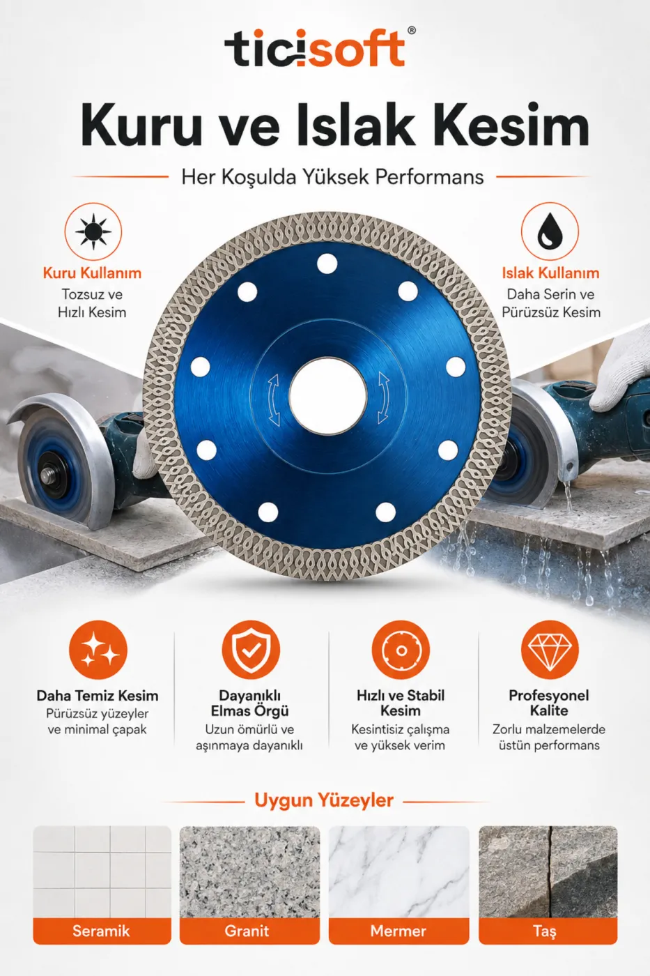115 mm Elmas Orgulu Turbo Kesici Disk Fayans Granit Mermer Seramik Tas Kesme Testeresi