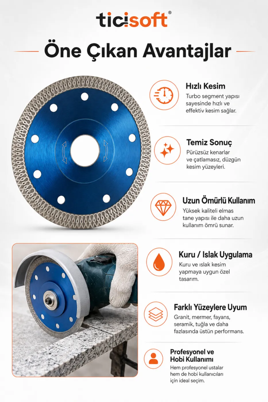 115 mm Elmas Orgulu Turbo Kesici Disk Fayans Granit Mermer Seramik Tas Kesme Testeresi