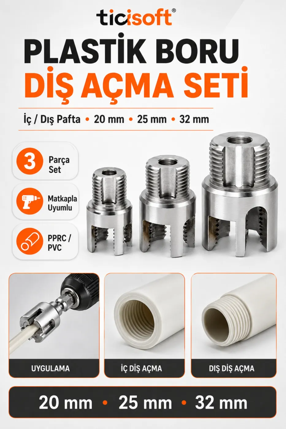 3’lü PVC PPRC Plastik Boru İç Dış Diş Açma Seti 20 mm 25 mm 32 mm 1/2 3/4 1 İnç Matkap Uyumlu Pafta Kılavuz Seti