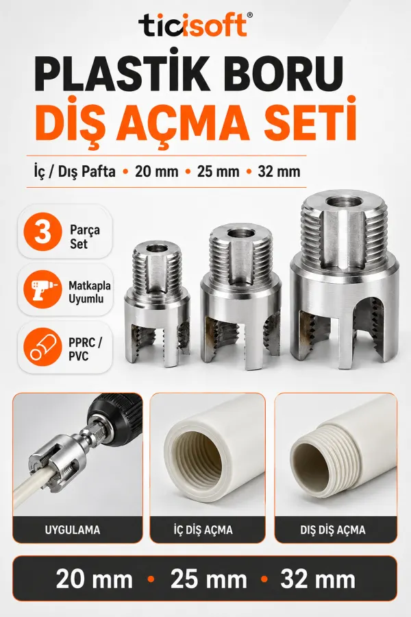 3’lü PVC PPRC Plastik Boru İç Dış Diş Açma Seti 20 mm 25 mm 32 mm 1/2 3/4 1 İnç Matkap Uyumlu Pafta Kılavuz Seti