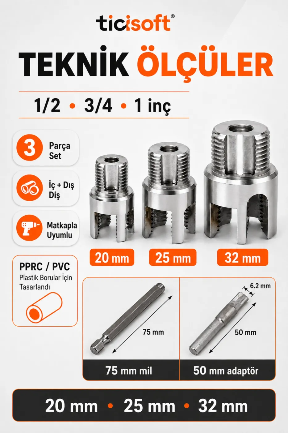 3’lü PVC PPRC Plastik Boru İç Dış Diş Açma Seti 20 mm 25 mm 32 mm 1/2 3/4 1 İnç Matkap Uyumlu Pafta Kılavuz Seti