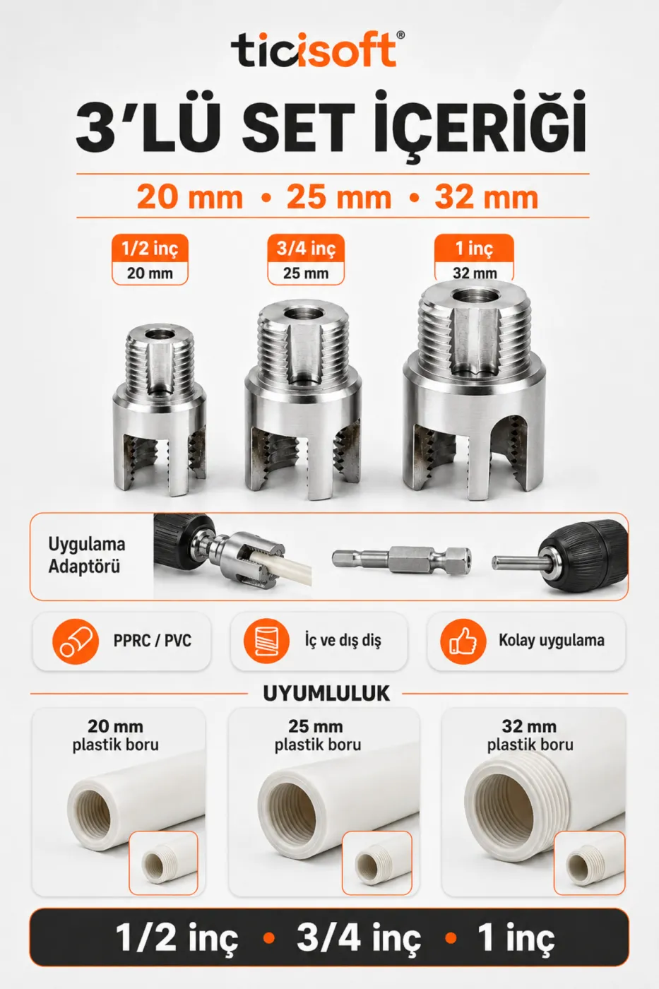 3’lü PVC PPRC Plastik Boru İç Dış Diş Açma Seti 20 mm 25 mm 32 mm 1/2 3/4 1 İnç Matkap Uyumlu Pafta Kılavuz Seti