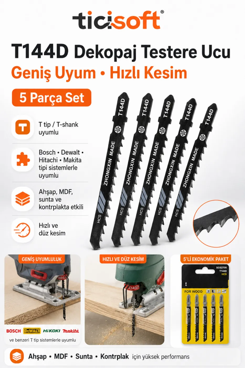 T144D PVC Ahsap Kesme Dekopaj Testere Ucu 5 Parca HCS Sunta MDF Kontrplak Hizli Kesim Seti