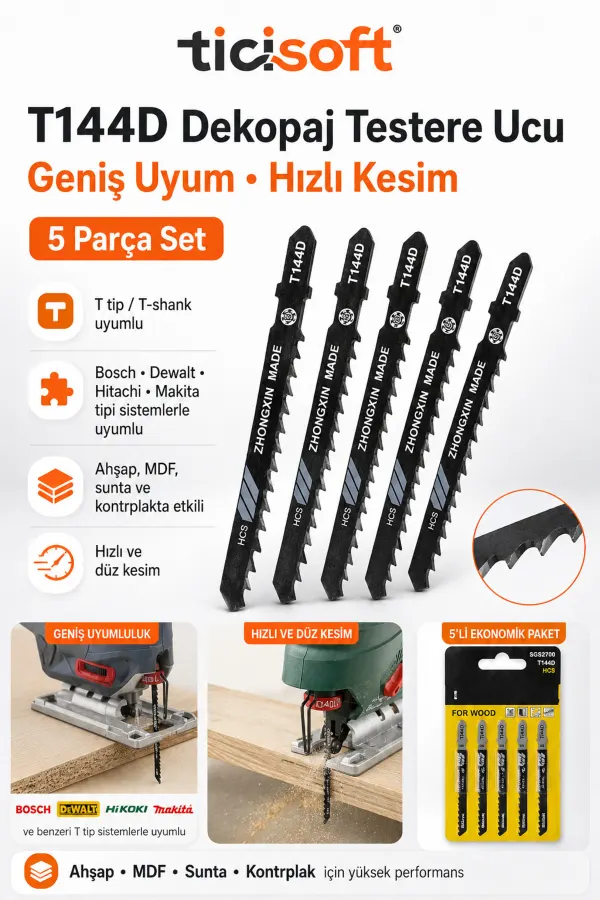 T144D PVC Ahsap Kesme Dekopaj Testere Ucu 5 Parca HCS Sunta MDF Kontrplak Hizli Kesim Seti