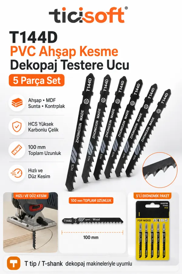 T144D PVC Ahsap Kesme Dekopaj Testere Ucu 5 Parca HCS Sunta MDF Kontrplak Hizli Kesim Seti