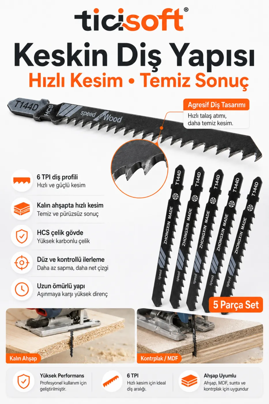 T144D PVC Ahsap Kesme Dekopaj Testere Ucu 5 Parca HCS Sunta MDF Kontrplak Hizli Kesim Seti