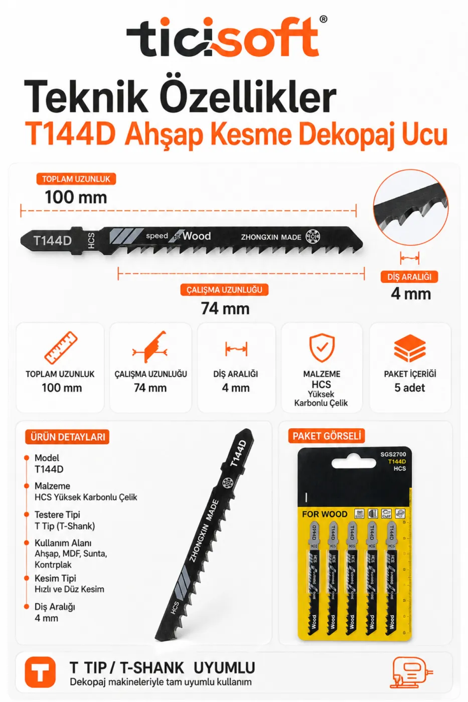 T144D PVC Ahsap Kesme Dekopaj Testere Ucu 5 Parca HCS Sunta MDF Kontrplak Hizli Kesim Seti