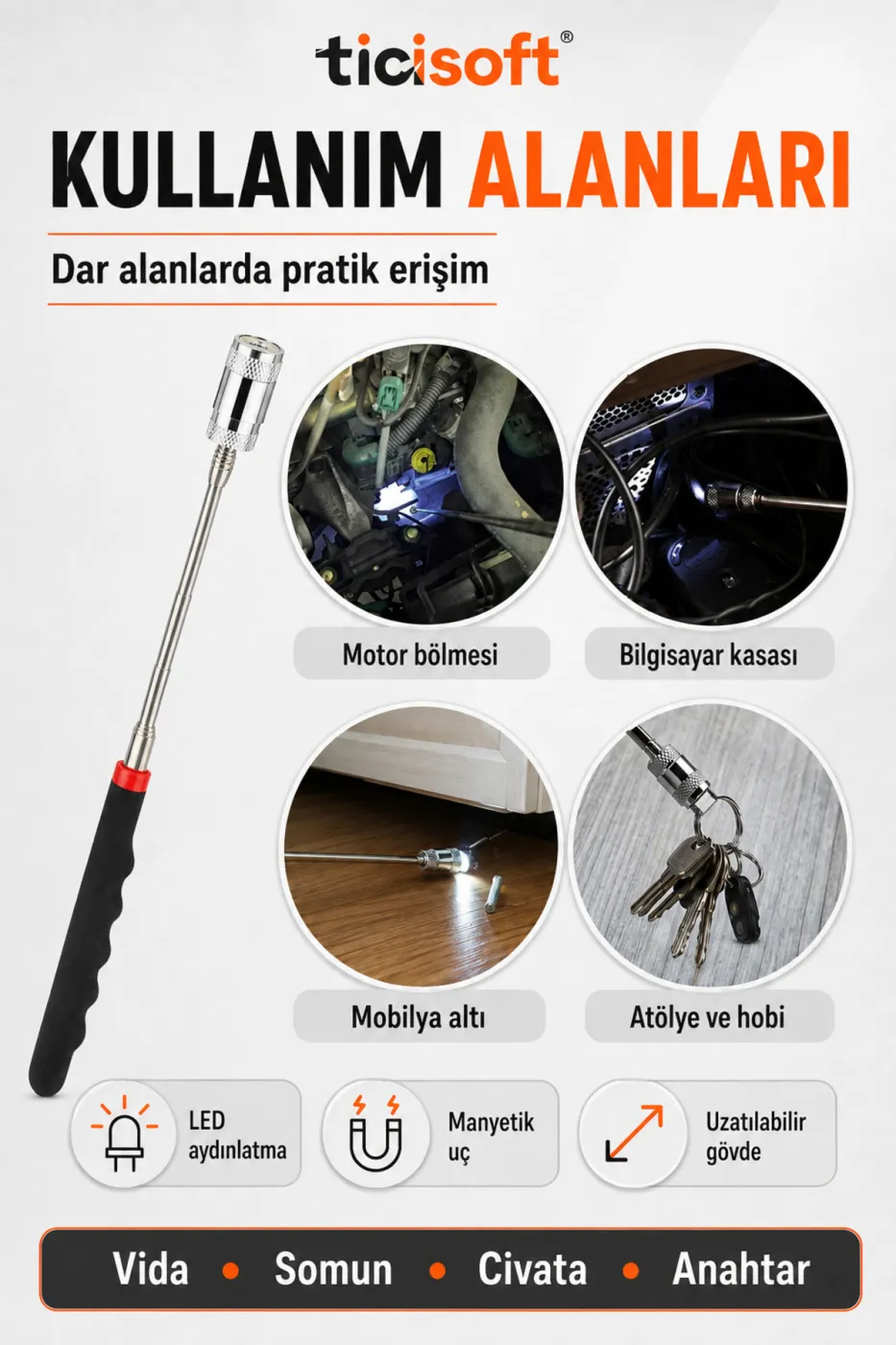 Teleskopik Uzatılabilir Manyetik LED Işıklı Metal Toplama Çubuğu Mıknatıslı Vida Somun Civata Alma Aleti