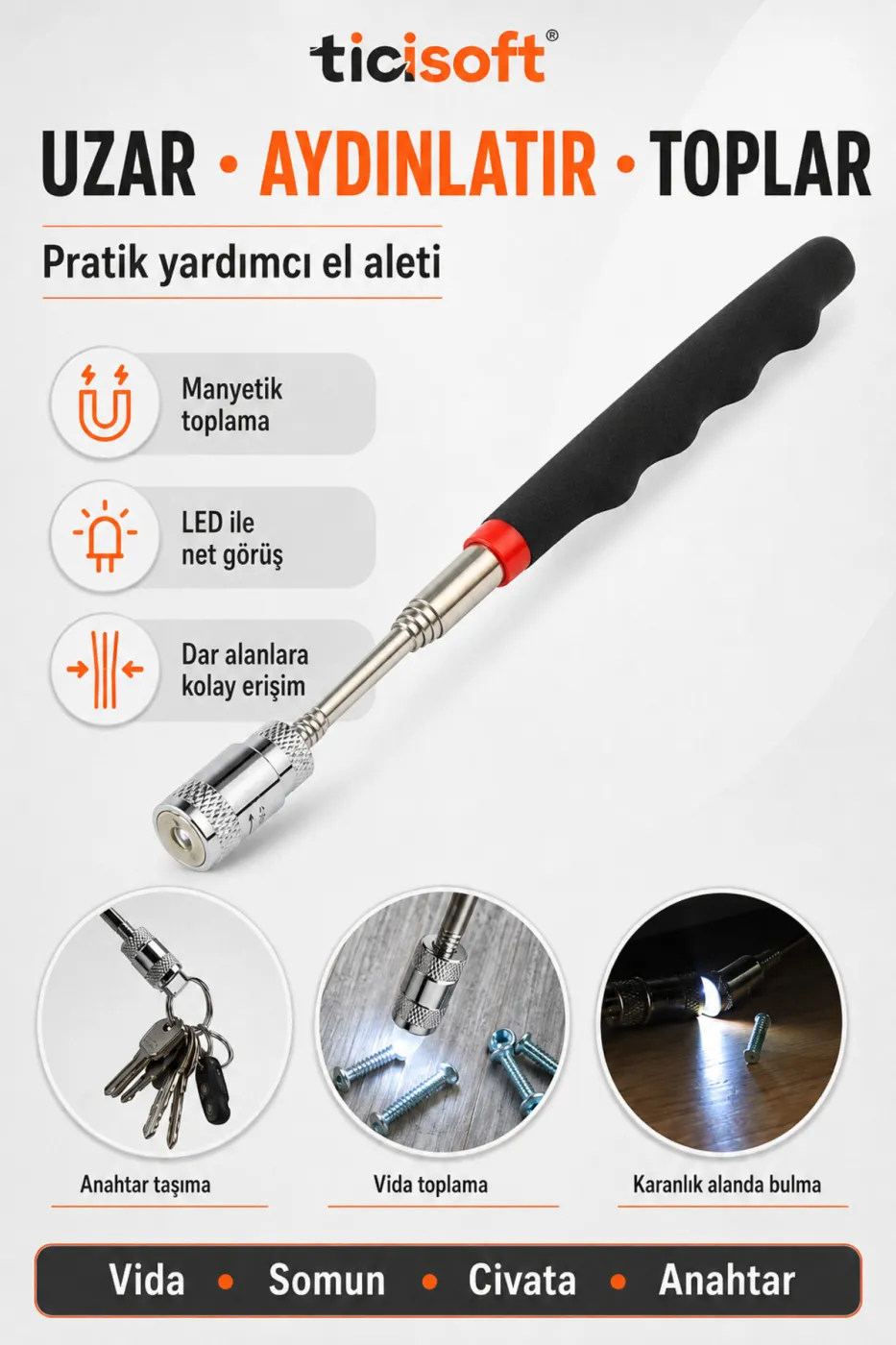 Teleskopik Uzatılabilir Manyetik LED Işıklı Metal Toplama Çubuğu Mıknatıslı Vida Somun Civata Alma Aleti