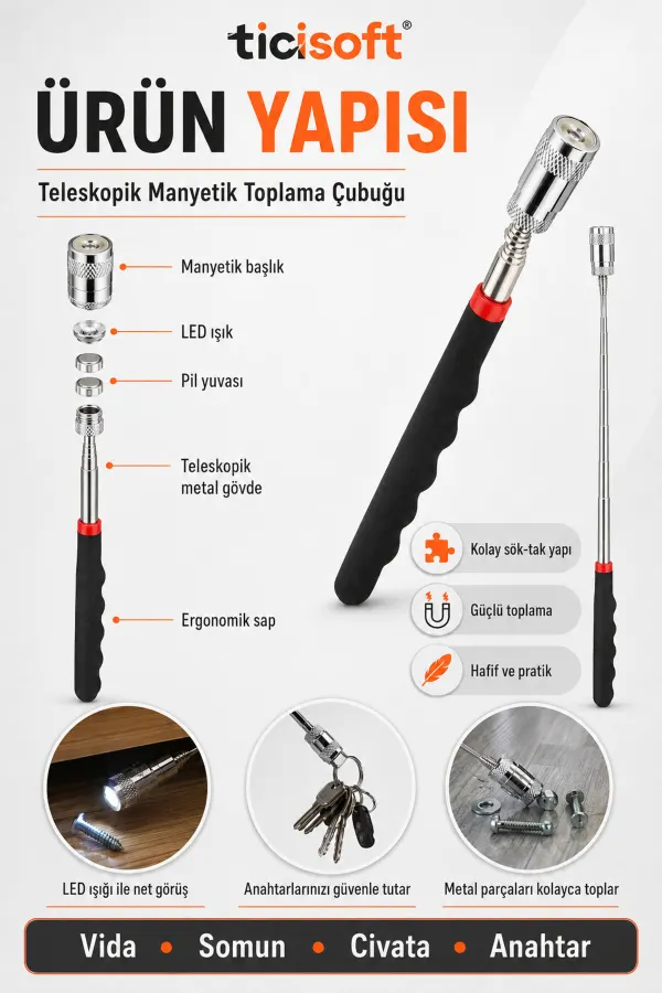 Teleskopik Uzatılabilir Manyetik LED Işıklı Metal Toplama Çubuğu Mıknatıslı Vida Somun Civata Alma Aleti