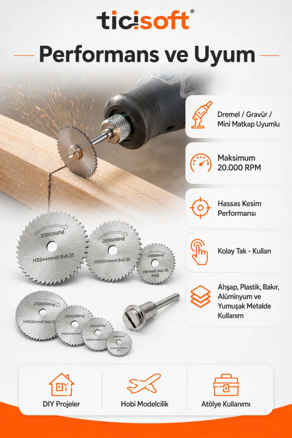 Dremel Matkap Testere Diski 6 Parca Set HSS Mini Dairesel Kesim Testere Bicagi ve Mandren