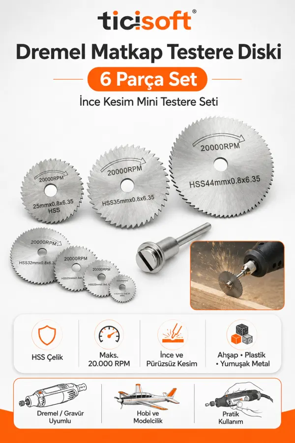 Dremel Matkap Testere Diski 6 Parca Set HSS Mini Dairesel Kesim Testere Bicagi ve Mandren
