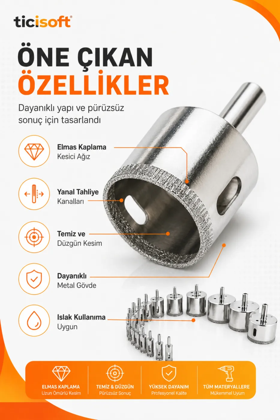 65 mm Elmas Kaplı Panç Delici Uç Cam Seramik Mermer Granit Delme Matkap Ucu