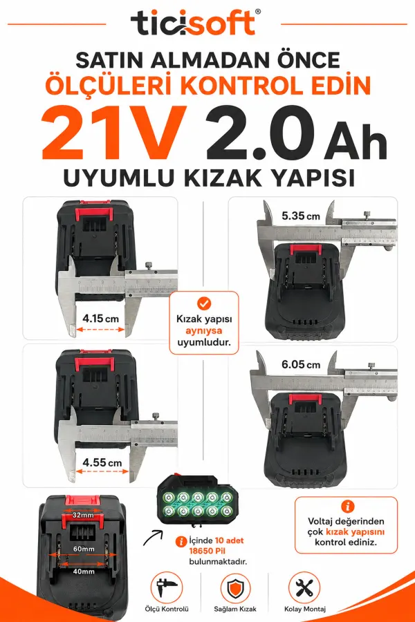 21V 2.0Ah Şarjlı Matkap Yedek Batarya 10 Adet 18650 Hücreli Üniversal Kızaklı Akü