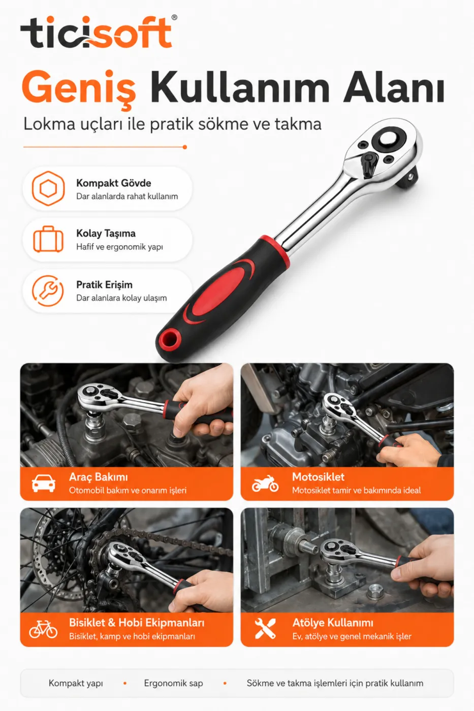 1/4 Lokma Kolu Cırcır Anahtar Mini Boy 155 mm Lokma Ahtarı Sökme Takma Kolu