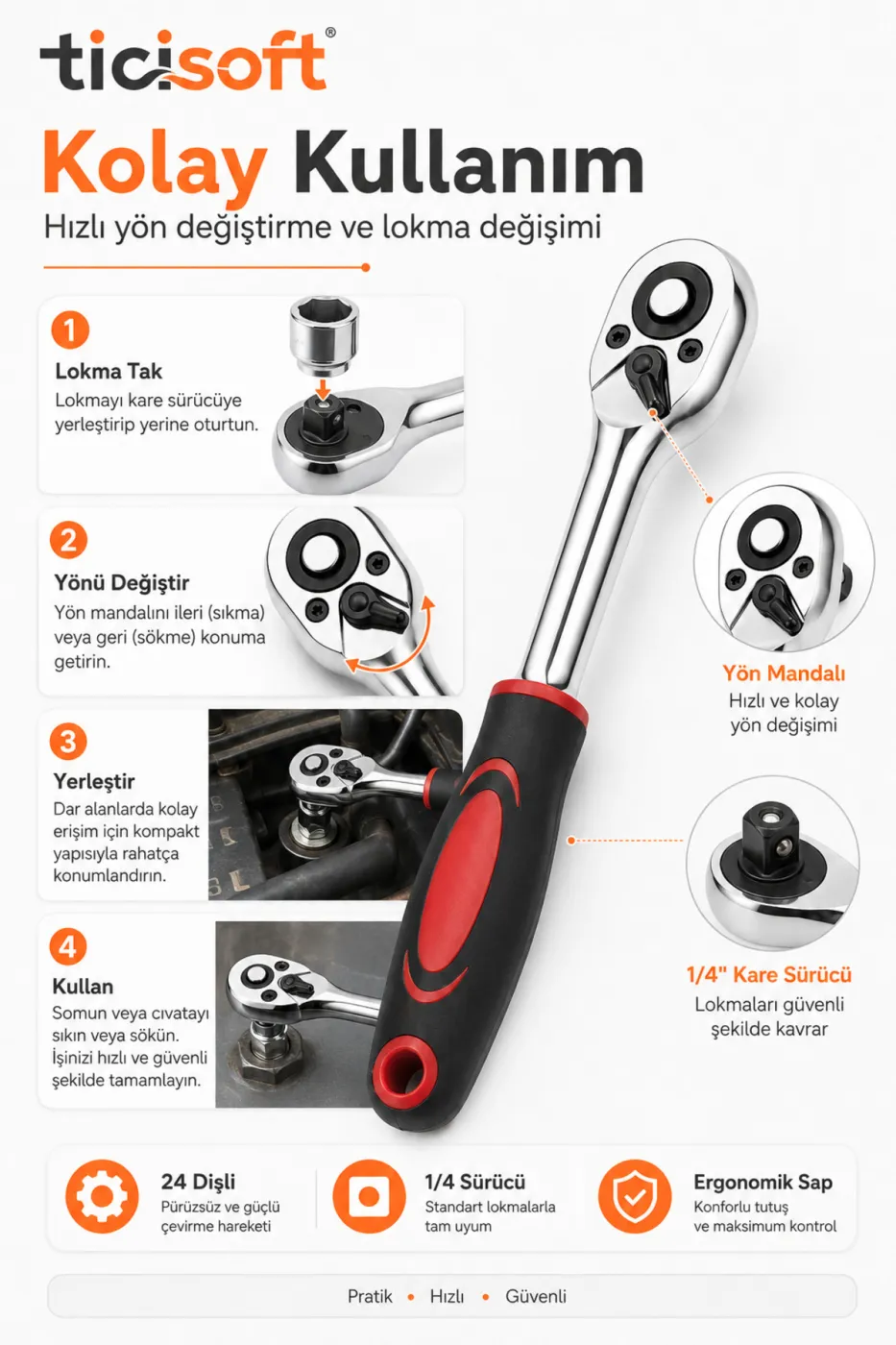 1/4 Lokma Kolu Cırcır Anahtar Mini Boy 155 mm Lokma Ahtarı Sökme Takma Kolu