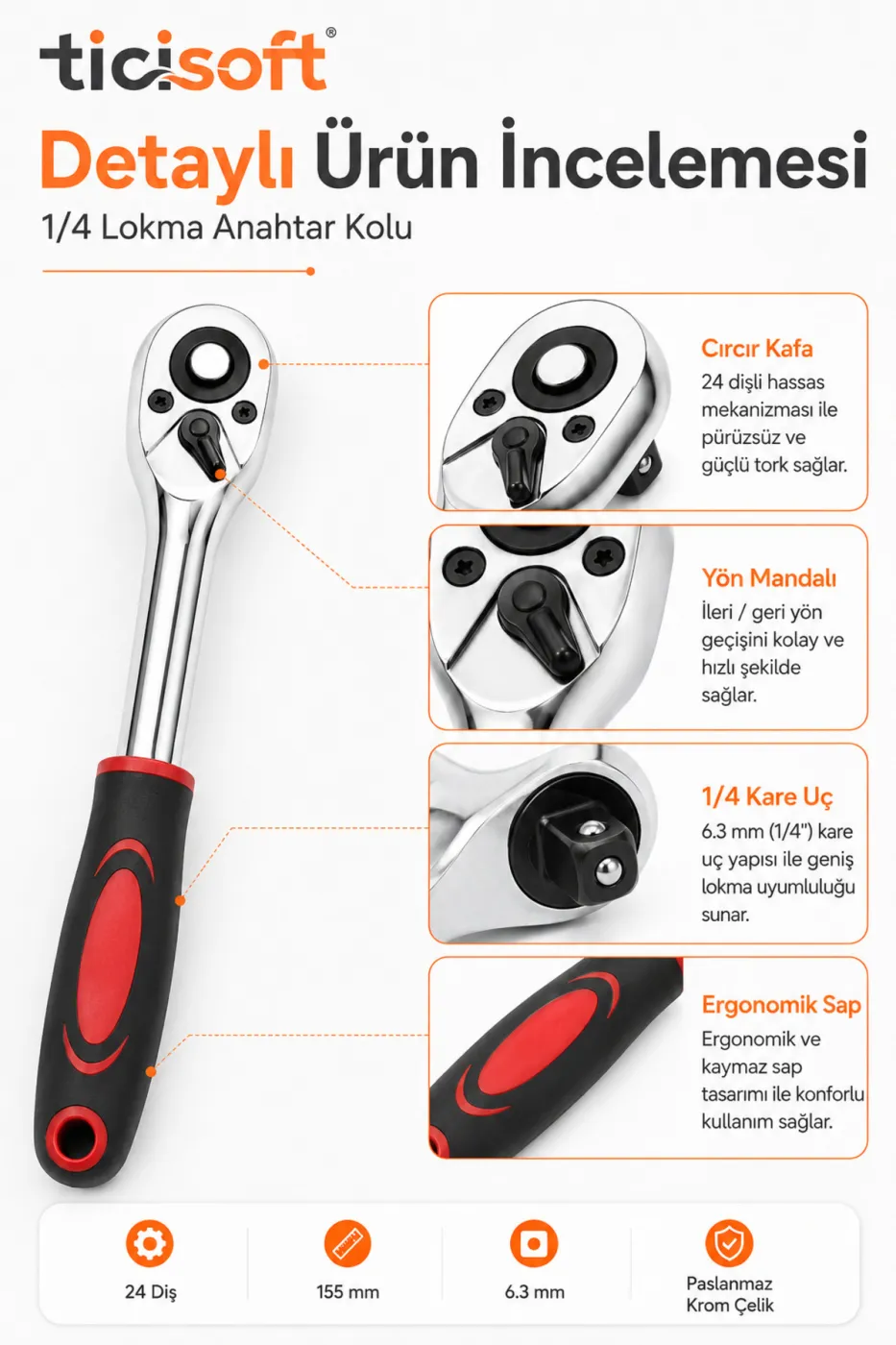 1/4 Lokma Kolu Cırcır Anahtar Mini Boy 155 mm Lokma Ahtarı Sökme Takma Kolu