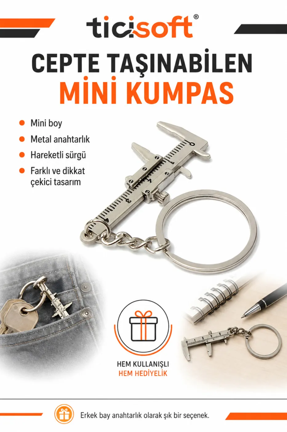 Mini Metal Kumpas Anahtarlık 5,3 cm Hareketli Sürgülü Ölçü Aleti Tasarımlı Metal Anahtarlık
