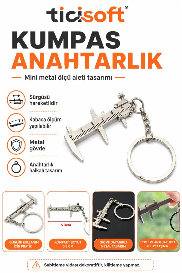 Mini Metal Kumpas Anahtarlık 5,3 cm Hareketli Sürgülü Ölçü Aleti Tasarımlı Metal Anahtarlık