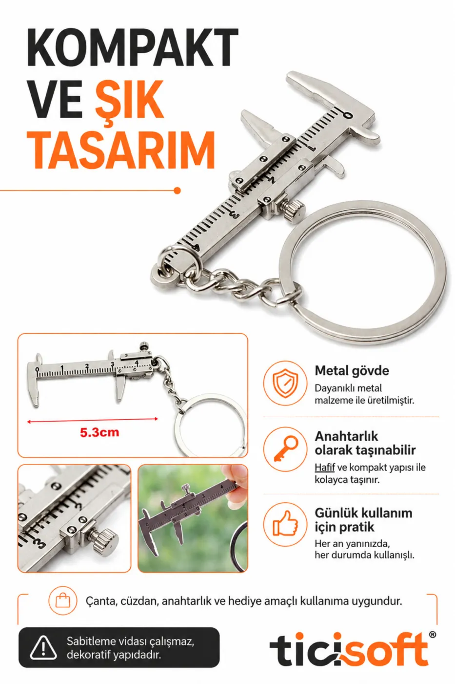 Mini Metal Kumpas Anahtarlık 5,3 cm Hareketli Sürgülü Ölçü Aleti Tasarımlı Metal Anahtarlık