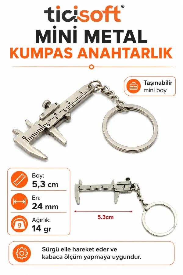 Mini Metal Kumpas Anahtarlık 5,3 cm Hareketli Sürgülü Ölçü Aleti Tasarımlı Metal Anahtarlık