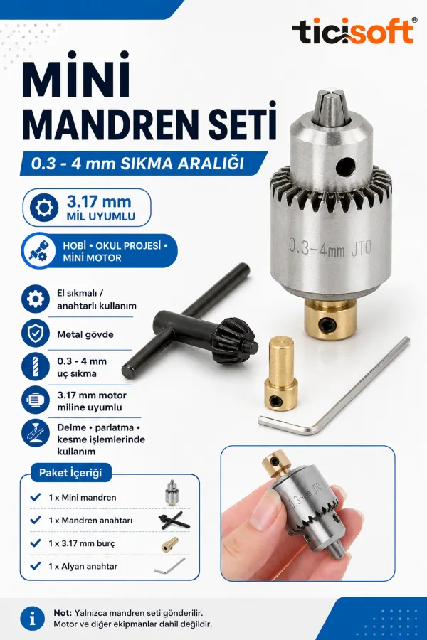 Mini Mandren Seti 0.3-4 mm Sıkma Aralığı 3.17 mm Mil Uyumlu El Sıkmalı Motor Mandreni Hobi Proje İçin